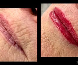 Twee foto's van lippen, links zonder make-up, rechts met rode lipstick en duidelijkere lijnen.