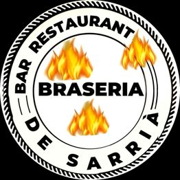 Logotipo circular de "Brasería Bar Restaurant de Sarrià" con llamas decorativas.