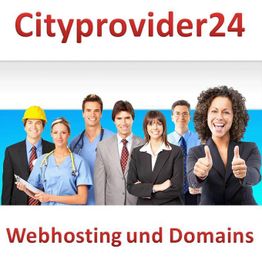 Personengruppe in Berufsbekleidung mit "Cityprovider24 Webhosting und Domains" Text.