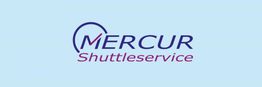 Logo mit Text "Mercur Shuttleservice" auf blauem Hintergrund.