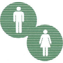 Symbols of a man and woman on intersecting green circles with striped backgrounds.