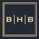 Logo with letters B | H | B in gold, framed by two gold rectangles on a dark background.