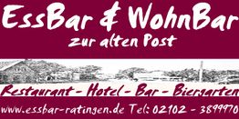 EssBar & WohnBar Logo mit Text: Restaurant, Hotel, Bar, Biergarten und Kontaktdaten.