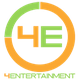 Logo con cerchio arancione e verde, lettere "4E" al centro, scritta "Entertainment" in basso.