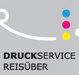 Grau Logo mit bunten Punkten und dem Text "DRUCKSERVICE REISÜBER".