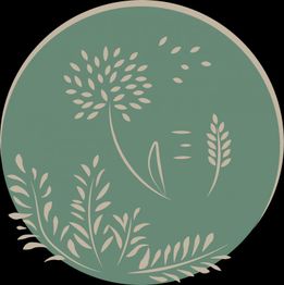 Grüner Kreis mit stilisierten, weißen Blättern und Blumen im minimalistischen Design.