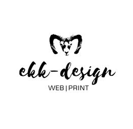 Logo mit Widderkopf und Schriftzug "ekk-design WEB | PRINT".