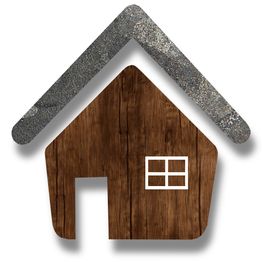 Holzhaus mit offenem Dachsymbol, Fenster links; Dach aus Schiefer oder Beton.