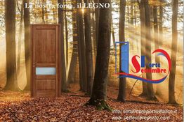 Porta di legno in un bosco autunnale con logo e contatti di "Settembre Porte".