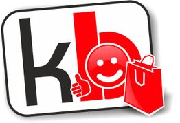 Logo mit den Buchstaben "k" und "b", einem lächelnden Gesicht und einer roten Einkaufstasche.