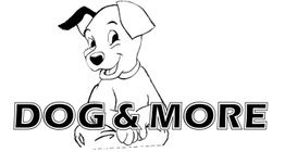 Zeichnung eines lächelnden Hundes über dem Text "DOG & MORE".