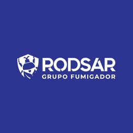 Logo blanco de Rodsar Grupo Fumigador sobre fondo azul.