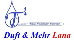 Logo mit blauer Schrift "Duft & Mehr Lana" darunter, Wassertröpfenmotiv oben, Slogan rechts.