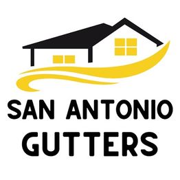 Logo of San Antonio Gutters with a house silhouette and yellow swoosh beneath.