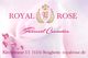 Royal Rose Logo und Text auf rosa Hintergrund, Rosenblätter, Adresse: Kirchstraße 13, Besigheim.