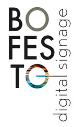 Logo met tekst "BOFESTO digital signage" in minimalistisch ontwerp.