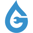 Blåt dråbeformet logo med en integreret skruenøgle symbol i midten.