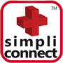 Logo mit rotem Kreuz und Schriftzug „simpli connect“ auf weißem Hintergrund.