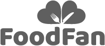 Logo med teksten "FoodFan" og et stiliseret bladmotiv ovenover.