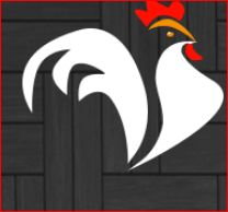 Stilisiertes weiß-rotes Huhn auf dunklem Hintergrund mit rotem Rahmen.
