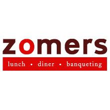 Zomers logo met tekst: "lunch, diner, banqueting" in rood en wit.