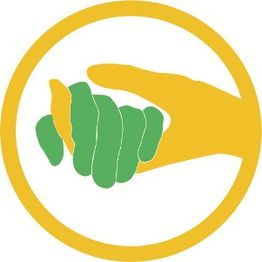 Gelbe Hand hält grüne Hand in einem Kreis.