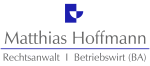 Logo mit blauem Symbol, Text: "Matthias Hoffmann, Rechtsanwalt, Betriebswirt (BA)".