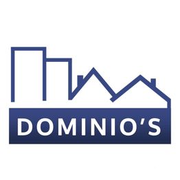 Logotipo azul com silhuetas de prédios e casas acima do texto "Dominio's".