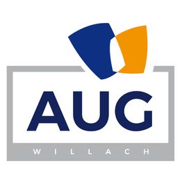 Logo mit der Aufschrift "AUG Willach", darüber blaue und orange Formen, grauer Rahmen.
