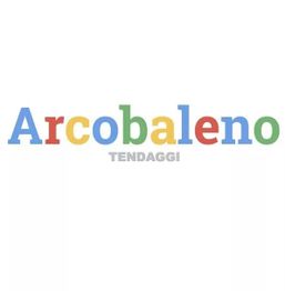 Testo "Arcobaleno" colorato. Sotto, "Tendaggi" in grigio chiaro.