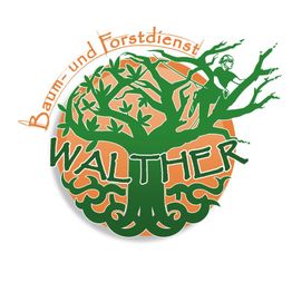 Logo mit grüner Baumgrafik auf orangem Hintergrund; Text: "Baum- und Forstdienst Walther".