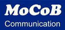 Logo mit weißem Text "MoCoB Communication" auf blauem Hintergrund.