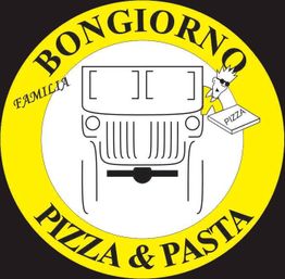 Logotipo de pizzaria com carro, chef com pizza e texto: "Bongiorno Pizza & Pasta".