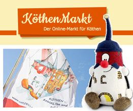 Plüschfigur und Flagge mit Schriftzug "KöthenMarkt: Der Online-Markt für Köthen".