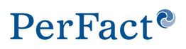 Schriftzug "PerFact" mit blauem Logo eines drehenden Symbols rechts.