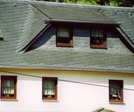 Dachgeschossfenster eines Hauses mit grauen Dachziegeln und Pflanztöpfen auf Fensterbänken.