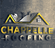 3D logo of Chappelle Roofing with roof design and worker silhouettes on textured background.