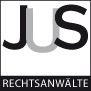 JUS-Logo mit großem "JUS" oben und "RECHTSANWÄLTE" darunter in schwarzem Raster.