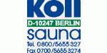 Logo von Koll Sauna, Berlin. Adresse, Telefon und Faxnummer in Blau auf weißem Hintergrund.