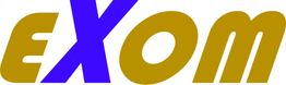 Text „eXOM“ in blauen und goldenen Buchstaben.