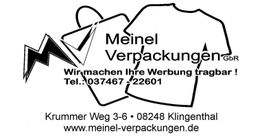 Logo von Meinel Verpackungen mit T-Shirt und Tasche, Adresse und Kontaktdaten in Schwarz-Weiß.