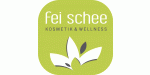 Grünes Logo von "fei schee", Kosmetik & Wellness, mit weißen Blättern.