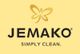 Logo von Jemako mit Schmetterlingssymbol und dem Slogan "Simply Clean" auf gelbem Hintergrund.