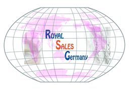 Globale Karte mit "Royal Sales Germany" in bunten Buchstaben auf Gitternetz-Hintergrund.