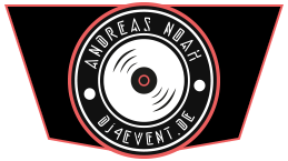 Logo mit Schallplatte, Text: "Andreas Noah, DJ4Event.de", schwarzer Hintergrund, roter Rand.