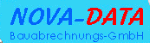 Logo der Nova-Data Bauabrechnungs-GmbH mit blauer und roter Schrift auf blauem Hintergrund.