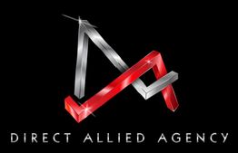 Red and silver geometric logo of Direct Allied Agency on a black background.