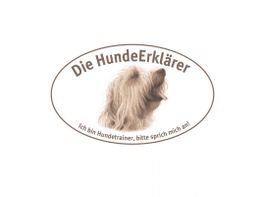 Logo mit einem Hund und Text: "Die HundeErklärer. Ich bin Hundetrainer, bitte sprich mich an!".
