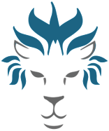 Stilisiertes Tiergesicht mit blauen Konturen und grauen Details auf weißem Hintergrund.