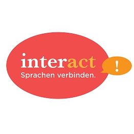 Rotes Logo mit "interact" und "Sprachen verbinden.", orange Sprechblase mit Ausrufezeichen.